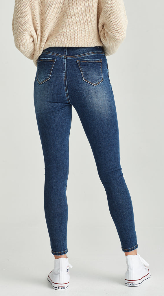 medium length stretch denim dark blue skinny jean