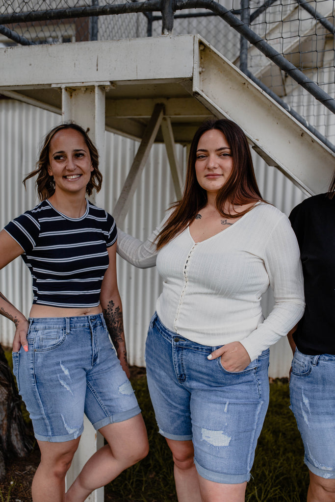long ripped blue denim shorts