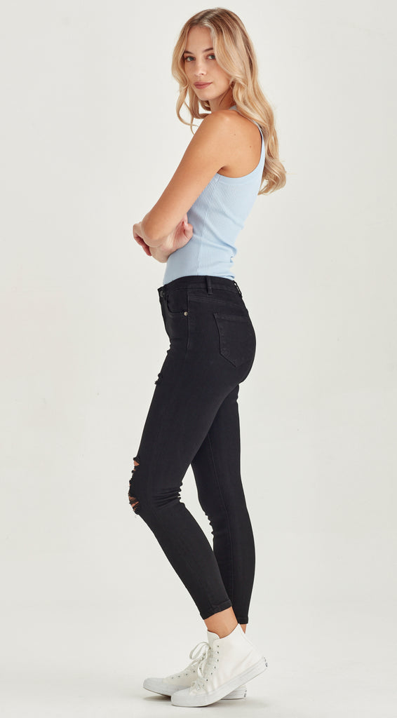 ripped skinny mid length black jean