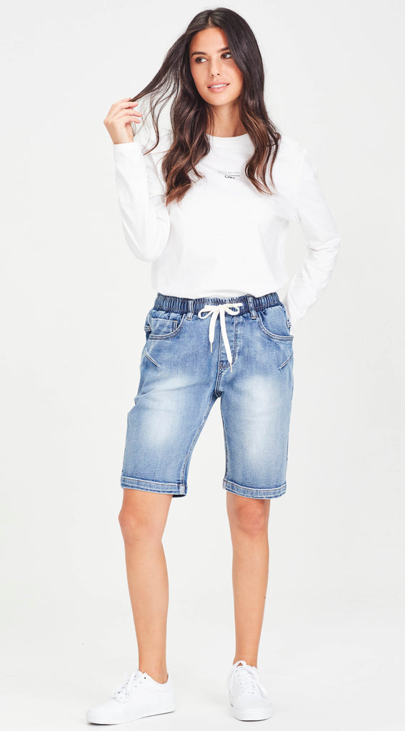 stretch denim long blue denim shorts