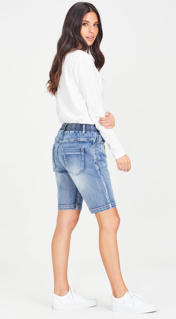 stretch denim long blue denim shorts