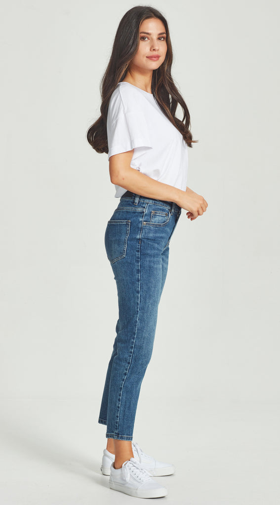 mid waisted straight leg short length dark blue jean