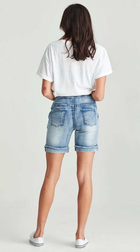 Long blue stretch denim short