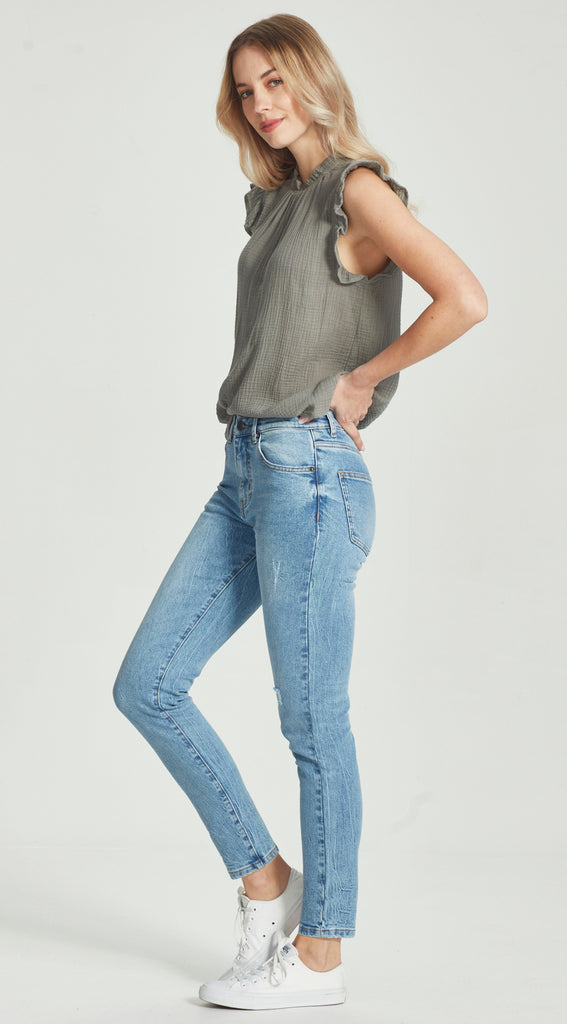 long length blue ripped boyfriend jean