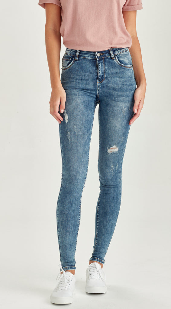 skinny ripped long length blue jean